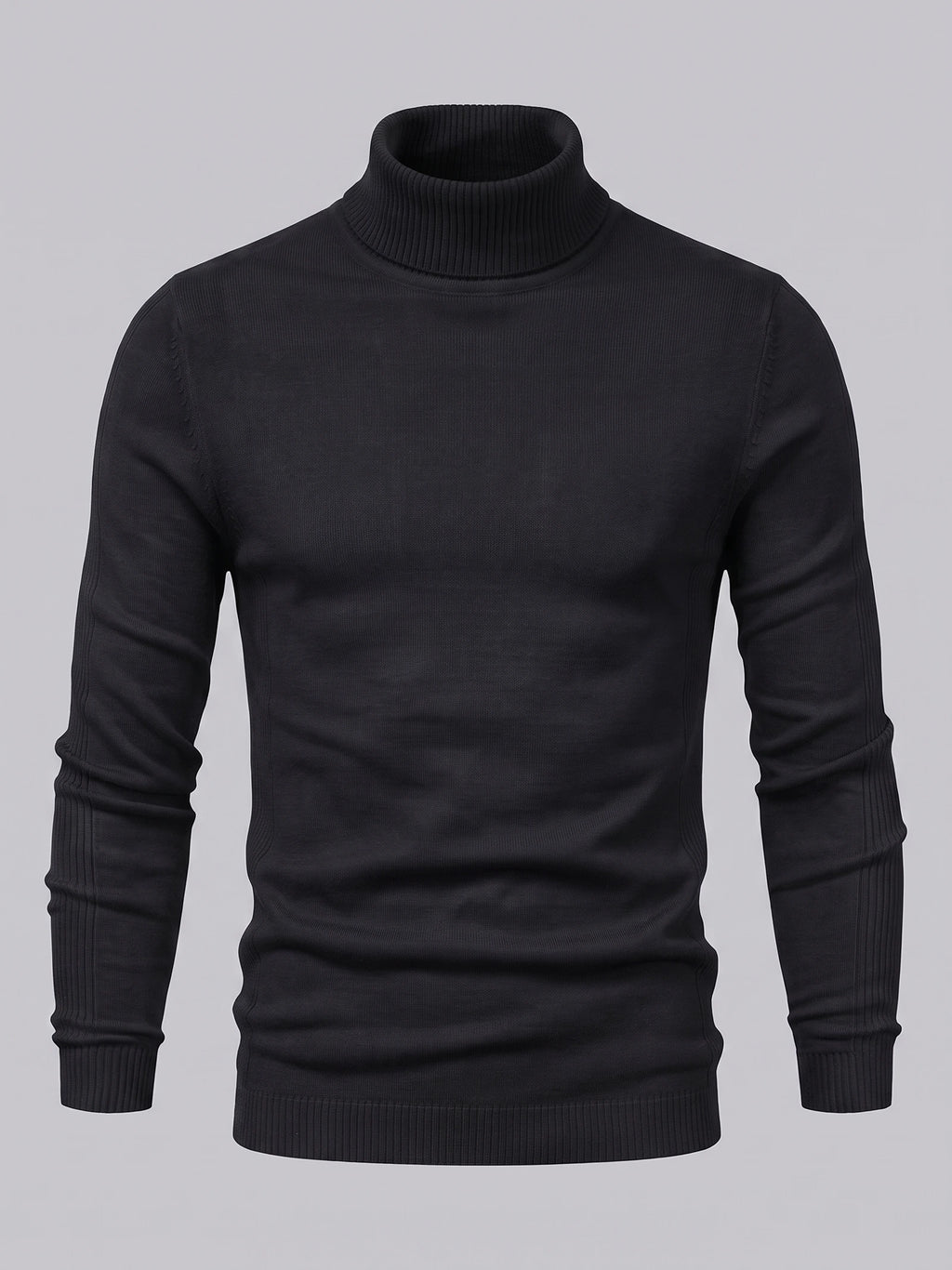 Black men's Turtleneck Sweater laid flat, featuring a ribbed high neck, cuffs, and hem.