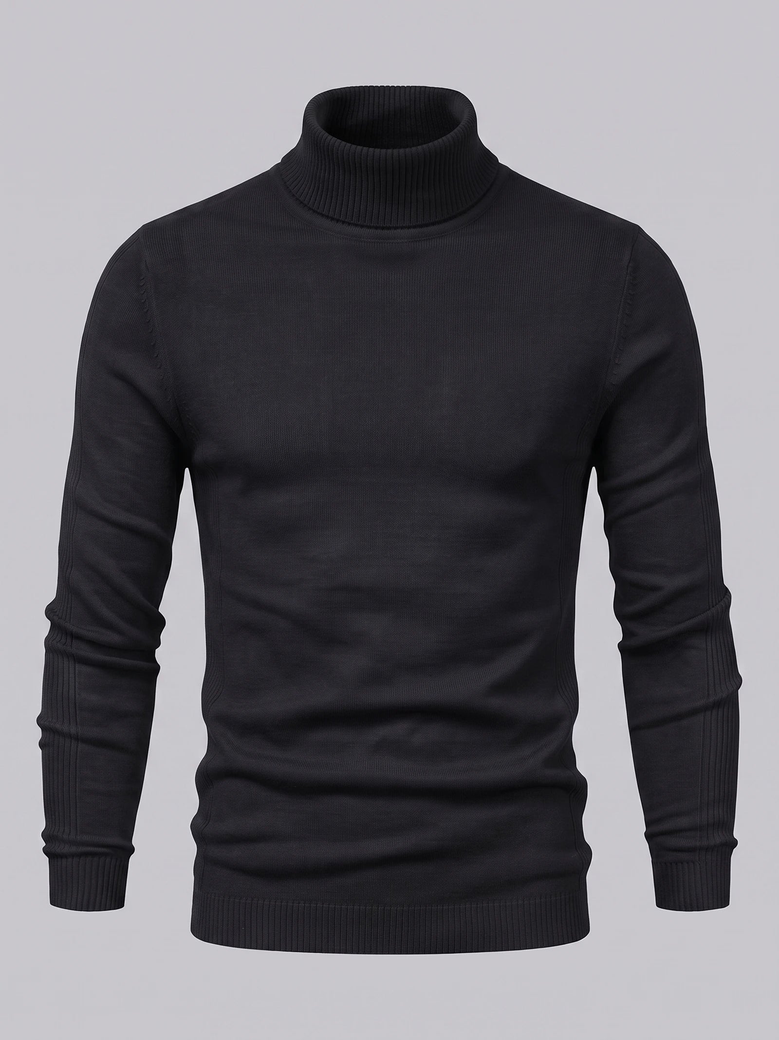 Black men's Turtleneck Sweater laid flat, featuring a ribbed high neck, cuffs, and hem.