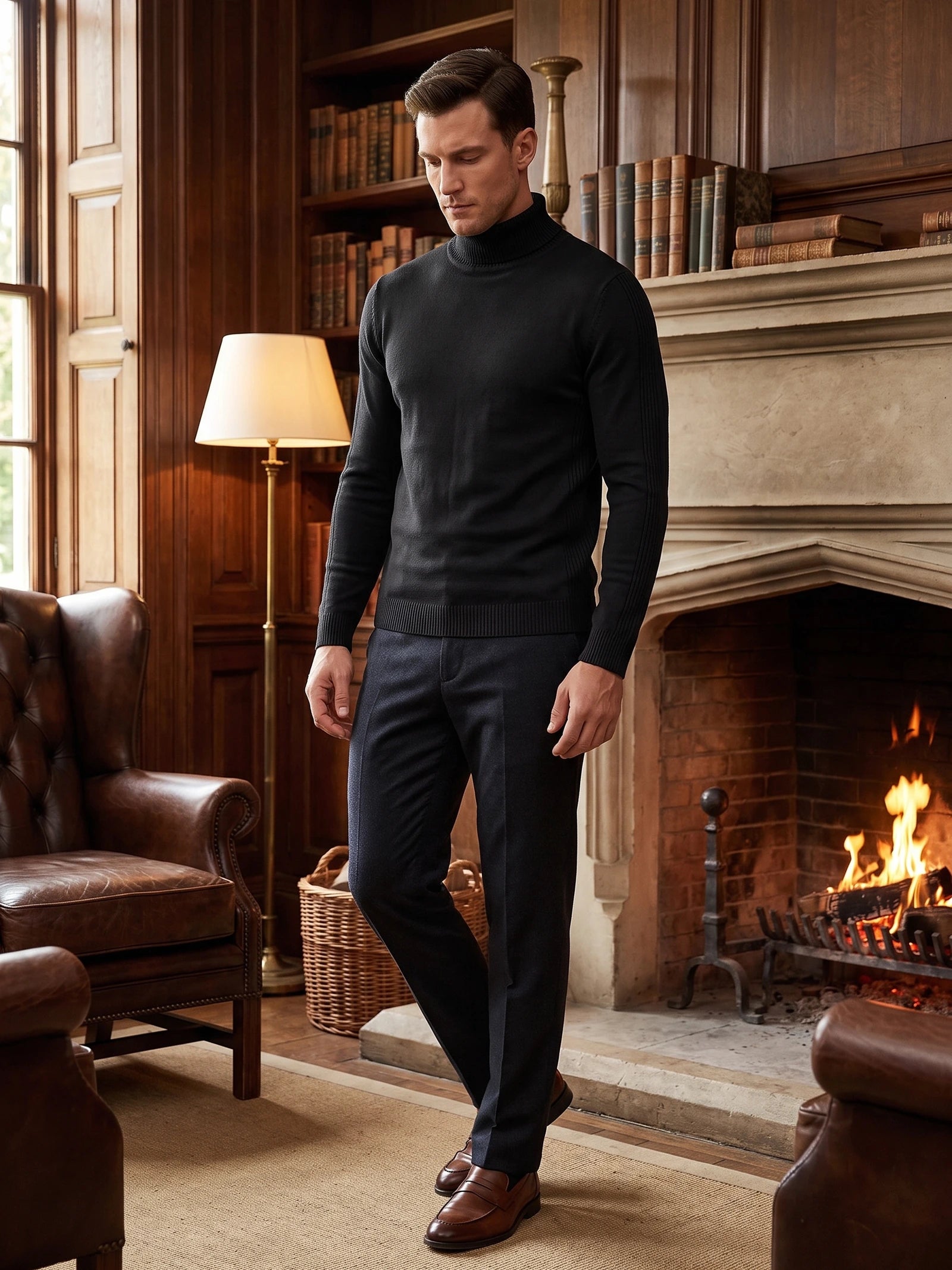 Man wearing a Black Turtleneck Sweater in a wood-paneled library beside a lit fireplace.