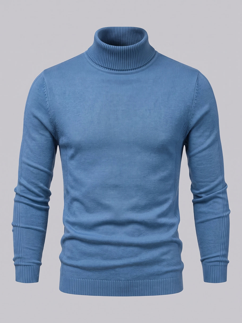 Blue men's Turtleneck Sweater laid flat, shown from the front with a ribbed high neck, cuffs, and hem.