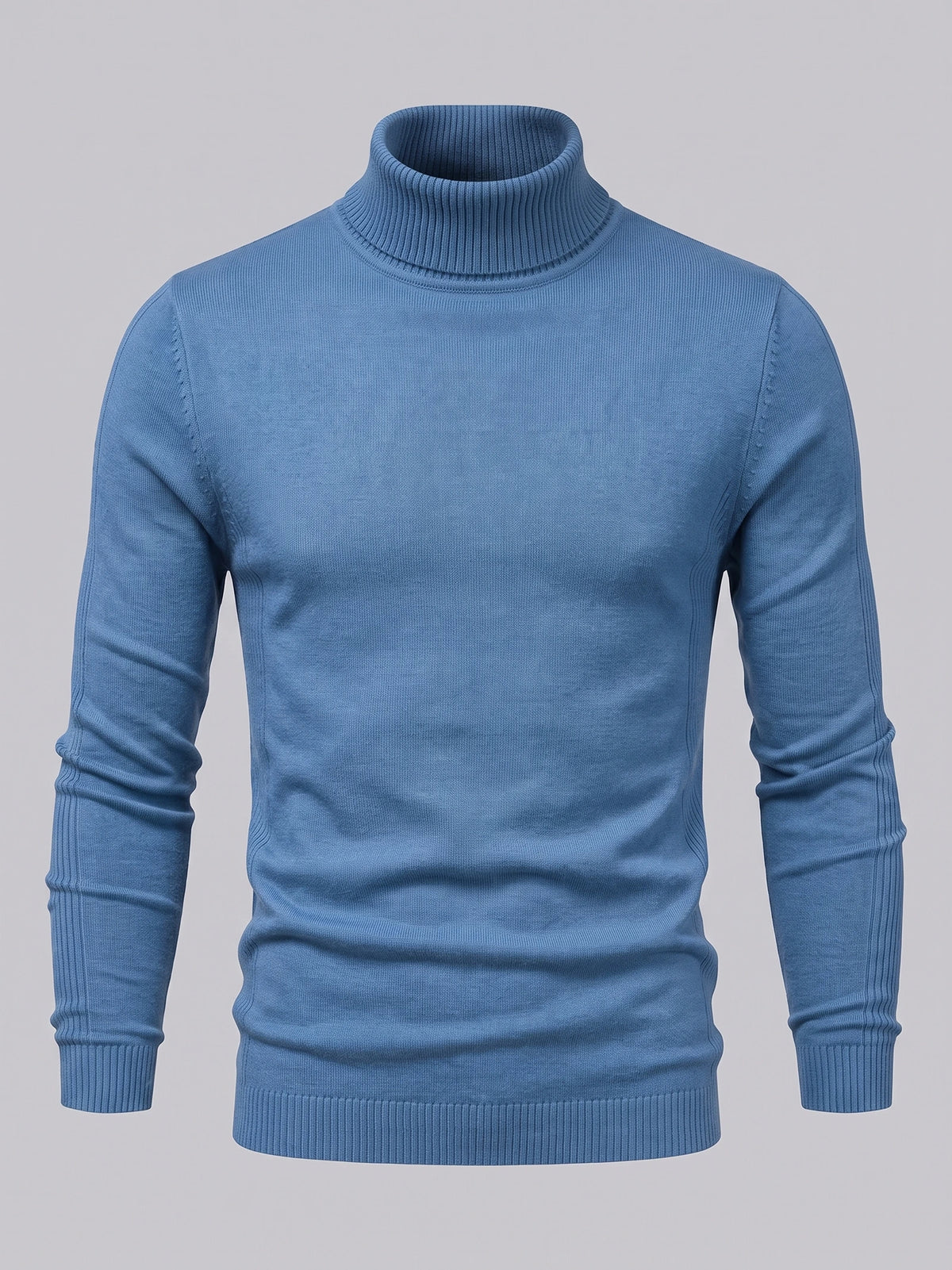 Blue men's Turtleneck Sweater laid flat, shown from the front with a ribbed high neck, cuffs, and hem.