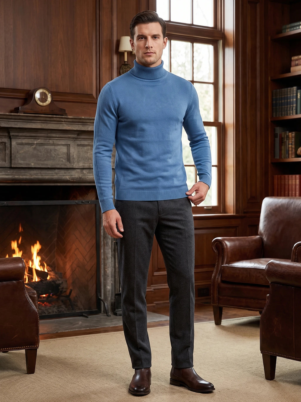 Model wearing a Blue slim-fit turtleneck sweater in a wood-paneled living room beside a fireplace.