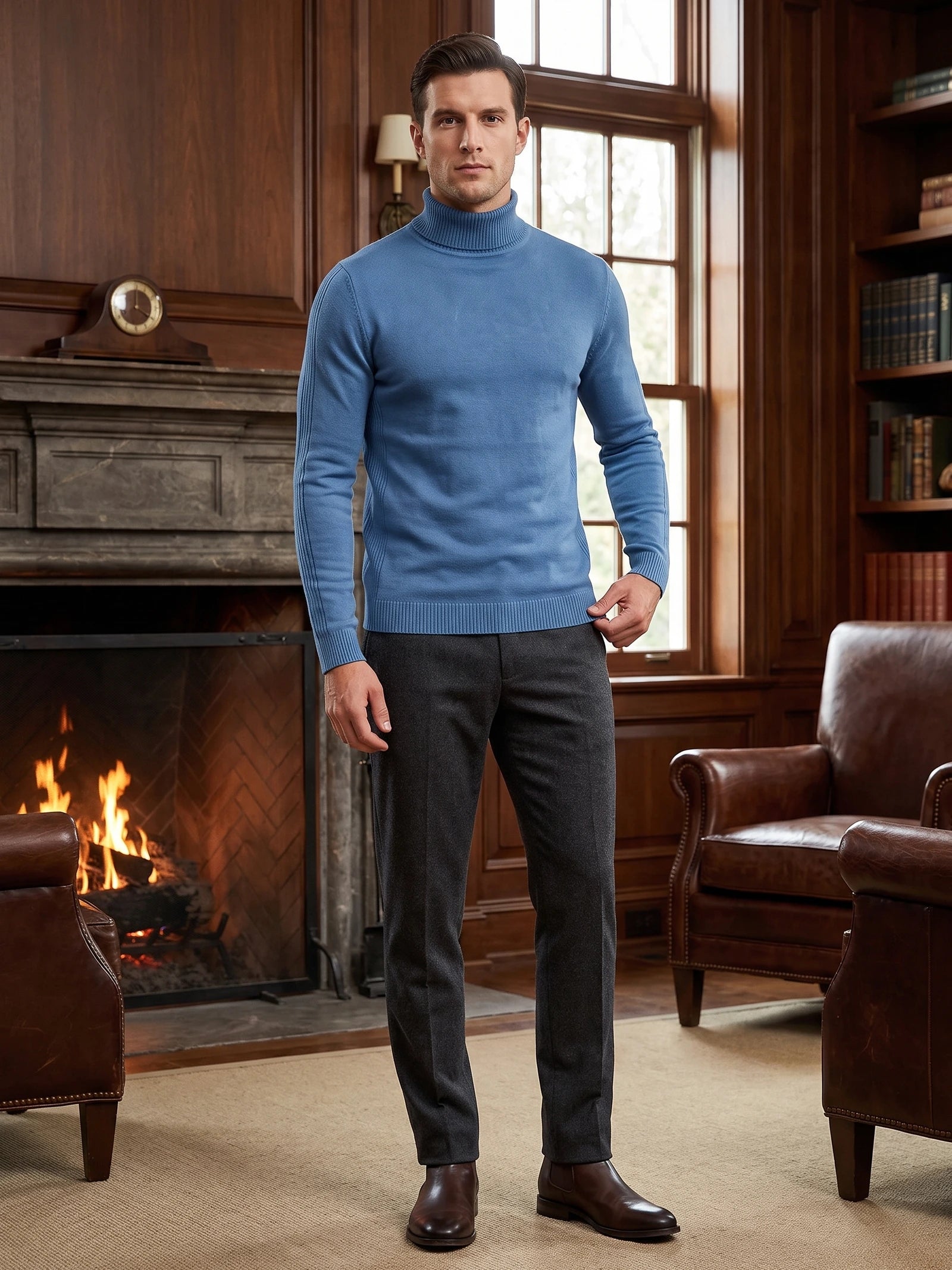 Model wearing a Blue slim-fit turtleneck sweater in a wood-paneled living room beside a fireplace.