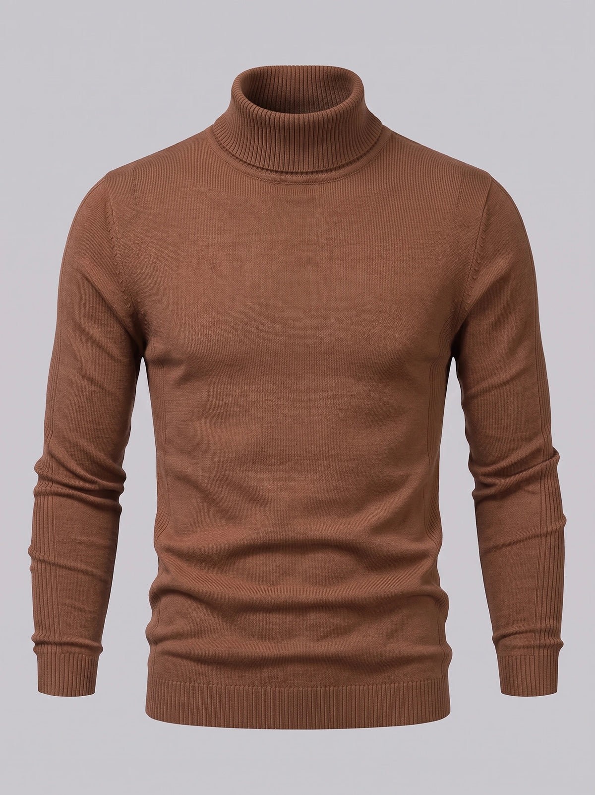 Brown men's turtleneck sweater laid flat, showing a ribbed high neck, cuffs, and hem.