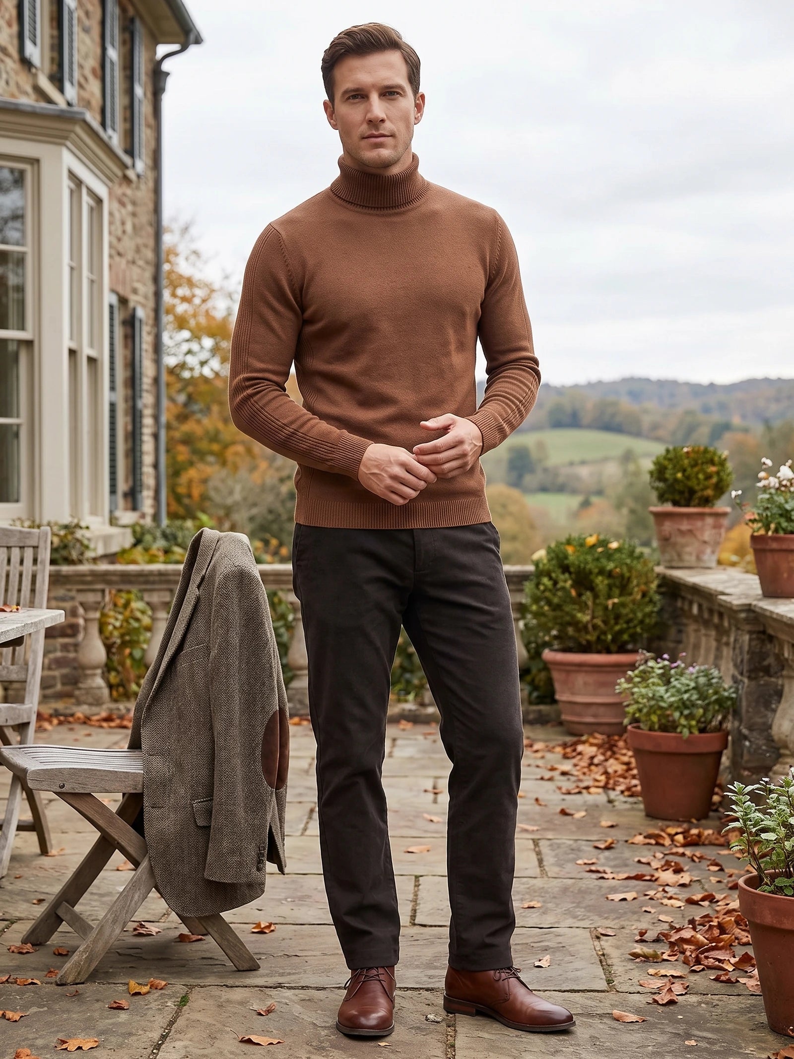 Man wearing a Brown turtleneck sweater on a leaf-strewn stone patio beside a country house.