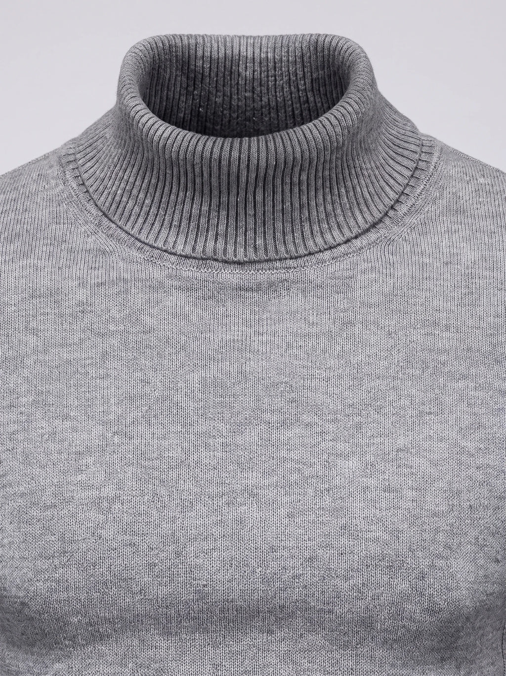 Close-up of the Gray Turtleneck Sweater showcasing its ribbed high neckline and fine knit texture.