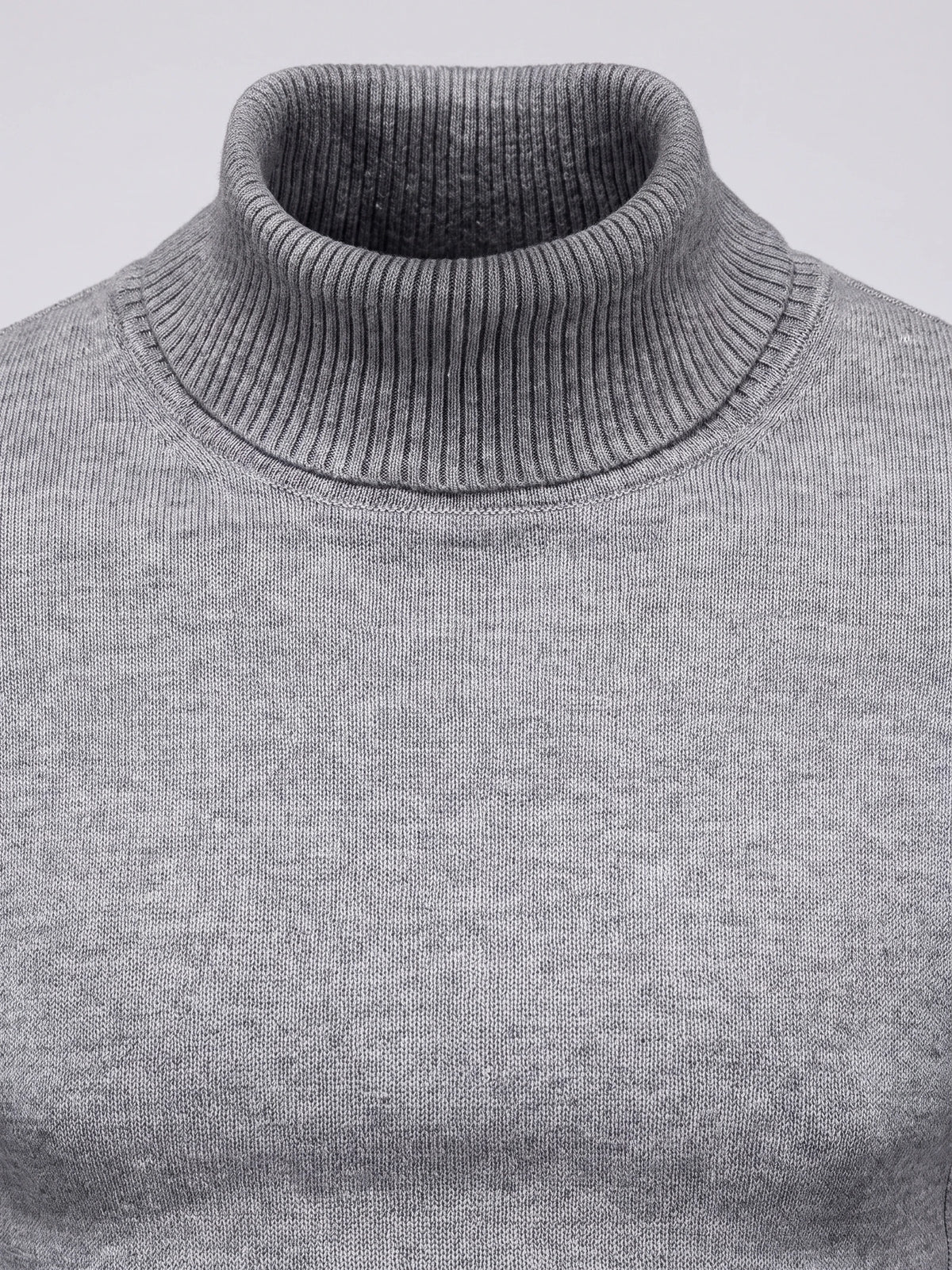 Close-up of the Gray Turtleneck Sweater showcasing its ribbed high neckline and fine knit texture.