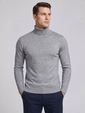 Model wearing a Gray men's turtleneck sweater with a ribbed high neck, cuffs, and hem in a front studio view.