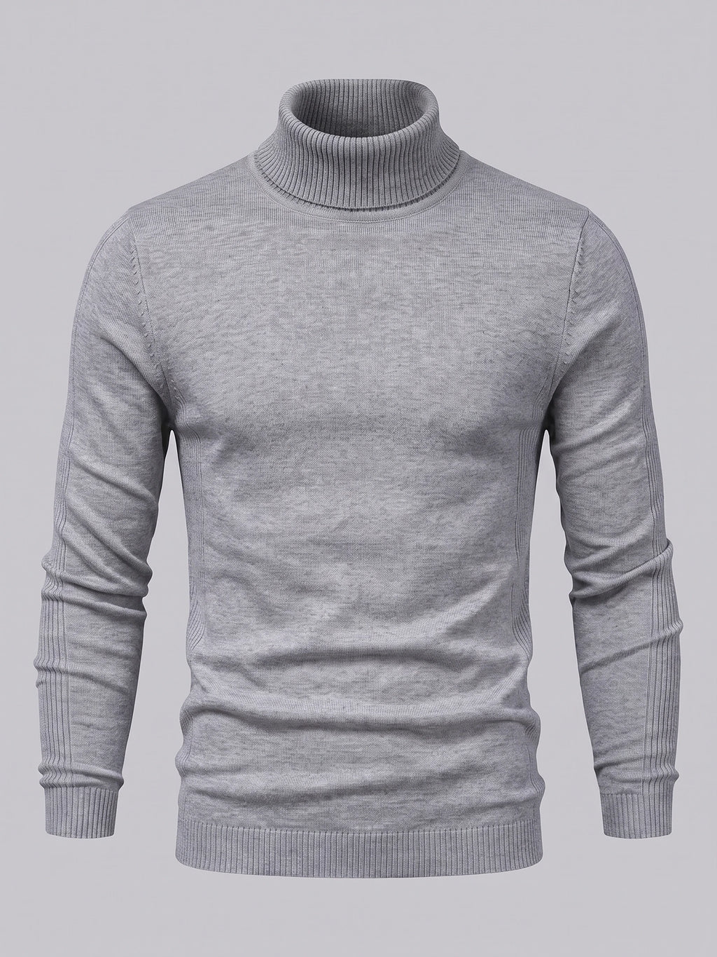 Gray men's turtleneck sweater laid flat, featuring a ribbed high neck, cuffs, and hem.