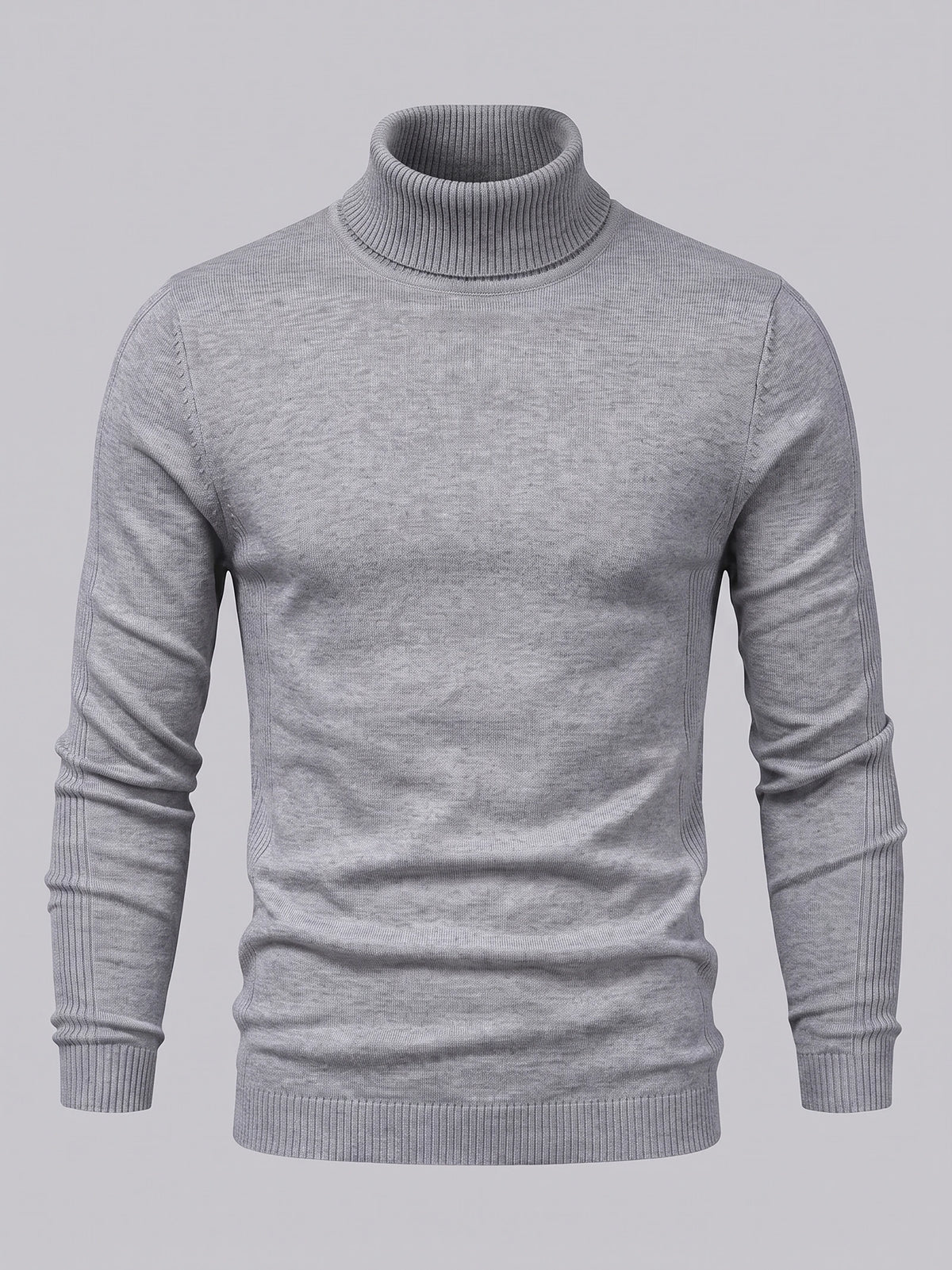 Gray men's turtleneck sweater laid flat, featuring a ribbed high neck, cuffs, and hem.