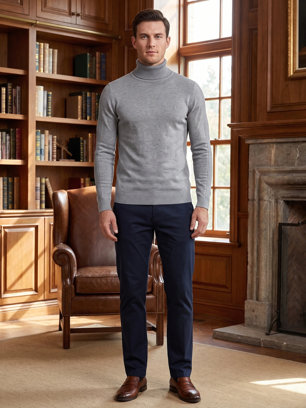 Model wearing a Gray slim-fit Turtleneck Sweater in a wood-paneled library beside a fireplace.