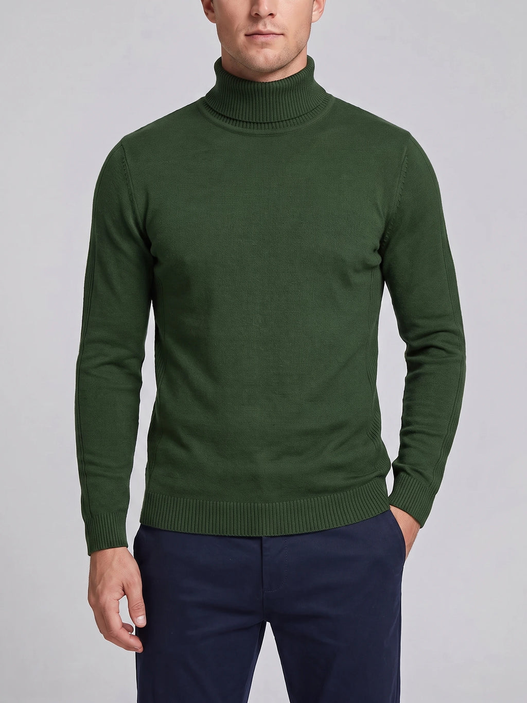 Front studio view of a model wearing a Green men's Turtleneck Sweater with a ribbed high neck, cuffs, and hem.