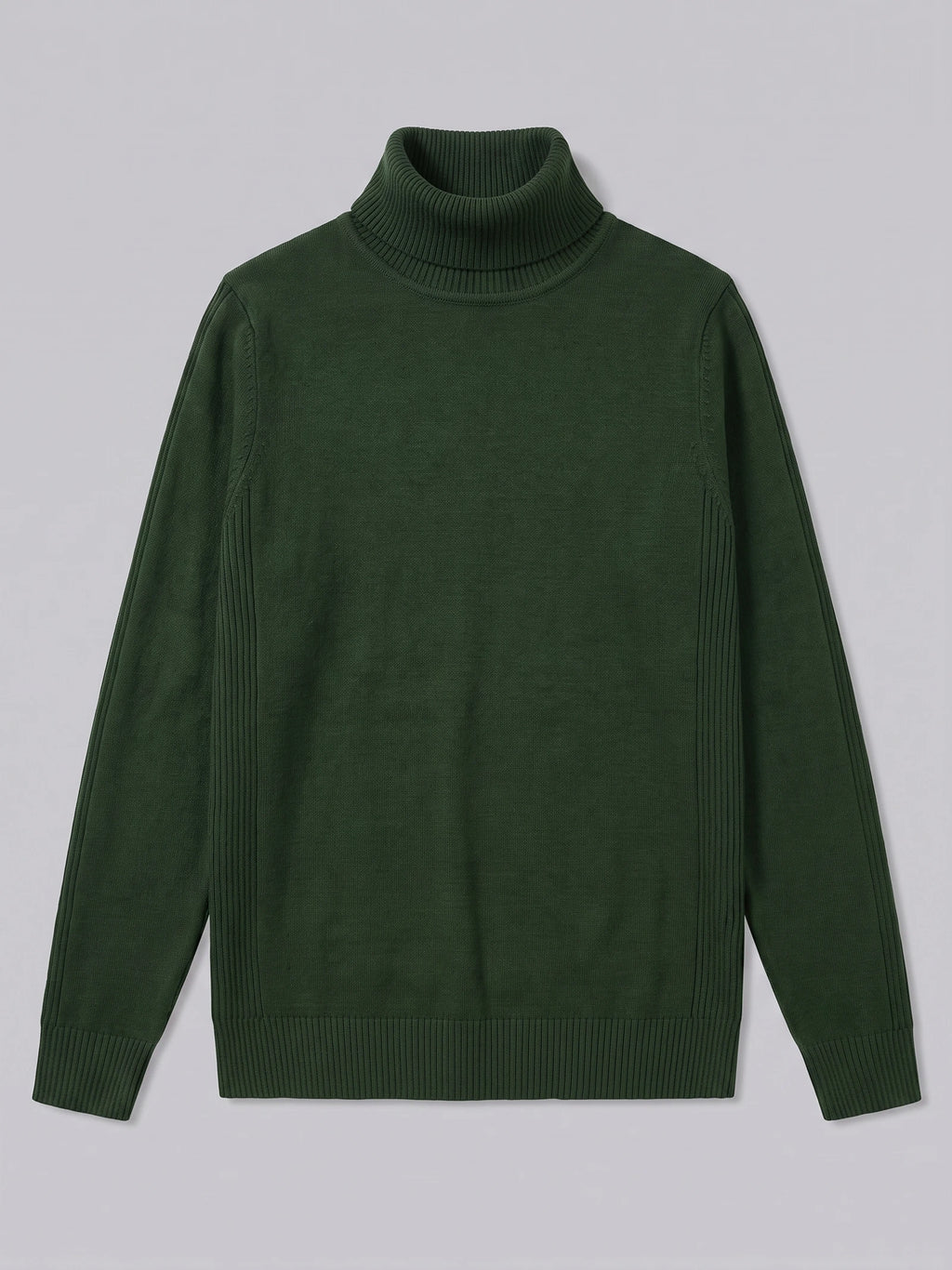 Green men's turtleneck sweater laid flat, featuring a ribbed high neck, cuffs, hem, and vertical knit paneling.