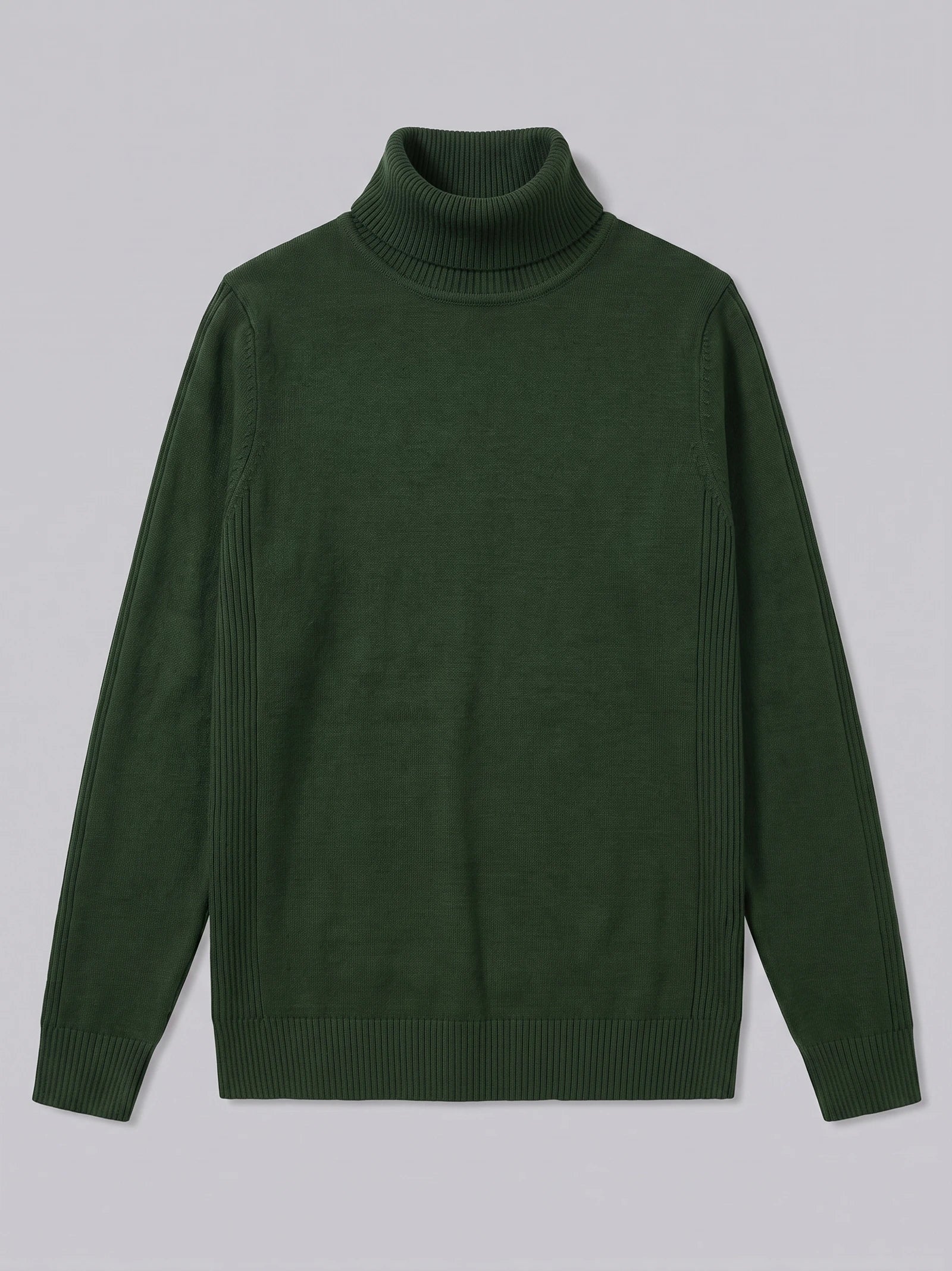 Green men's turtleneck sweater laid flat, featuring a ribbed high neck, cuffs, hem, and vertical knit paneling.