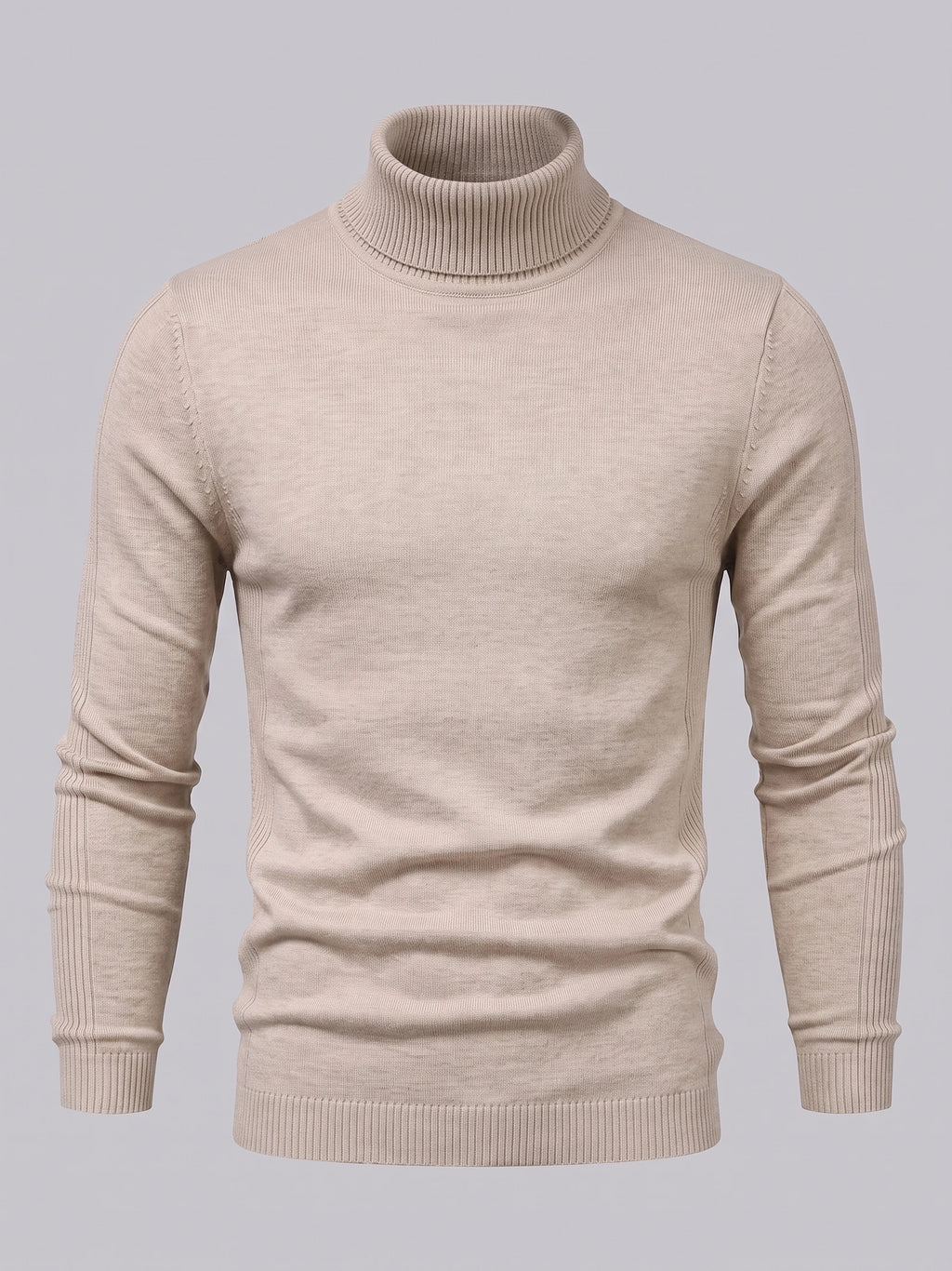 Khaki men's Turtleneck Sweater laid flat, showing a ribbed high neck, long sleeves, and ribbed cuffs and hem.