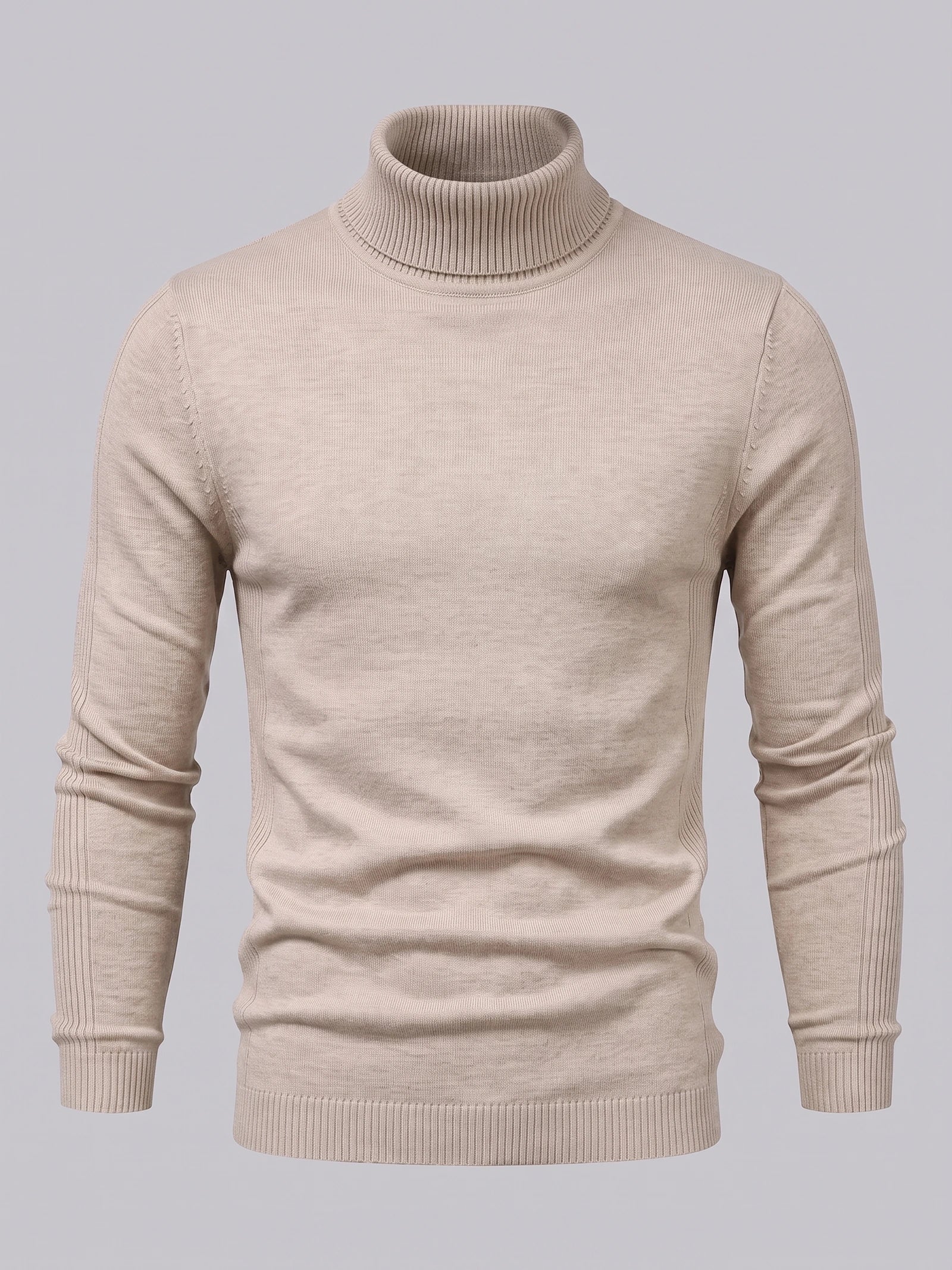 Khaki men's Turtleneck Sweater laid flat, showing a ribbed high neck, long sleeves, and ribbed cuffs and hem.