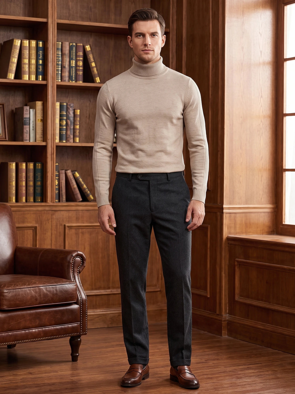 Model wearing a Khaki men's Turtleneck Sweater in a wood-paneled library setting.