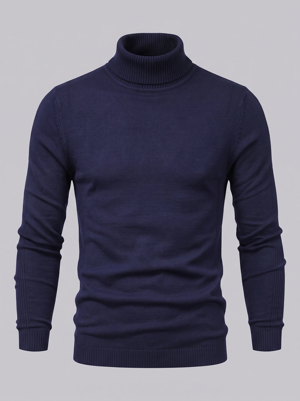 Navy men's Turtleneck Sweater laid flat, featuring a ribbed high neck, cuffs, and hem.