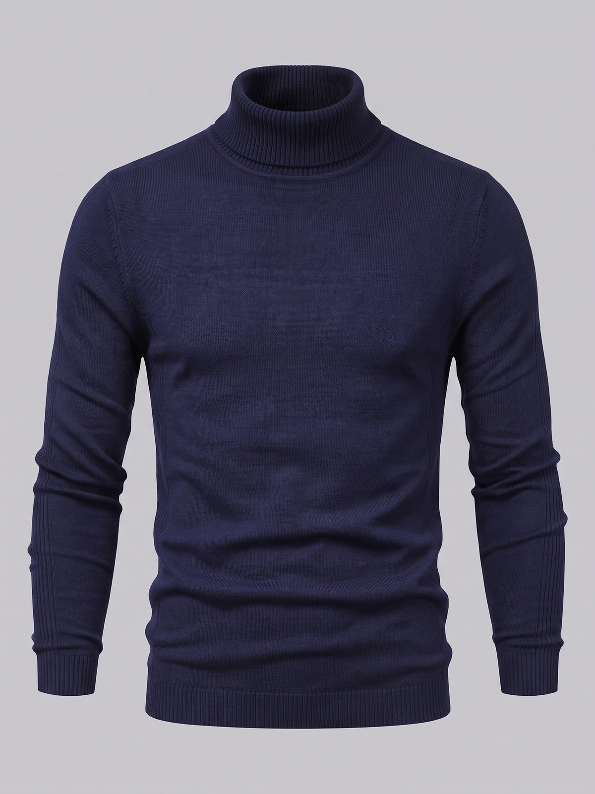 Navy men's Turtleneck Sweater laid flat, featuring a ribbed high neck, cuffs, and hem.