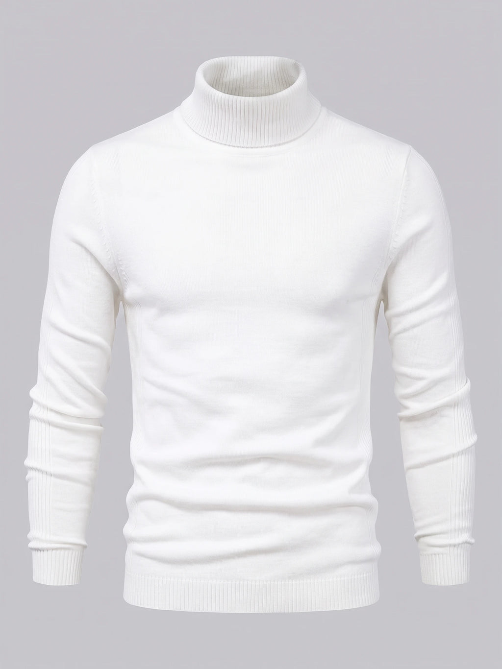 White men's turtleneck sweater laid flat, featuring a ribbed high neck, cuffs, and hem.