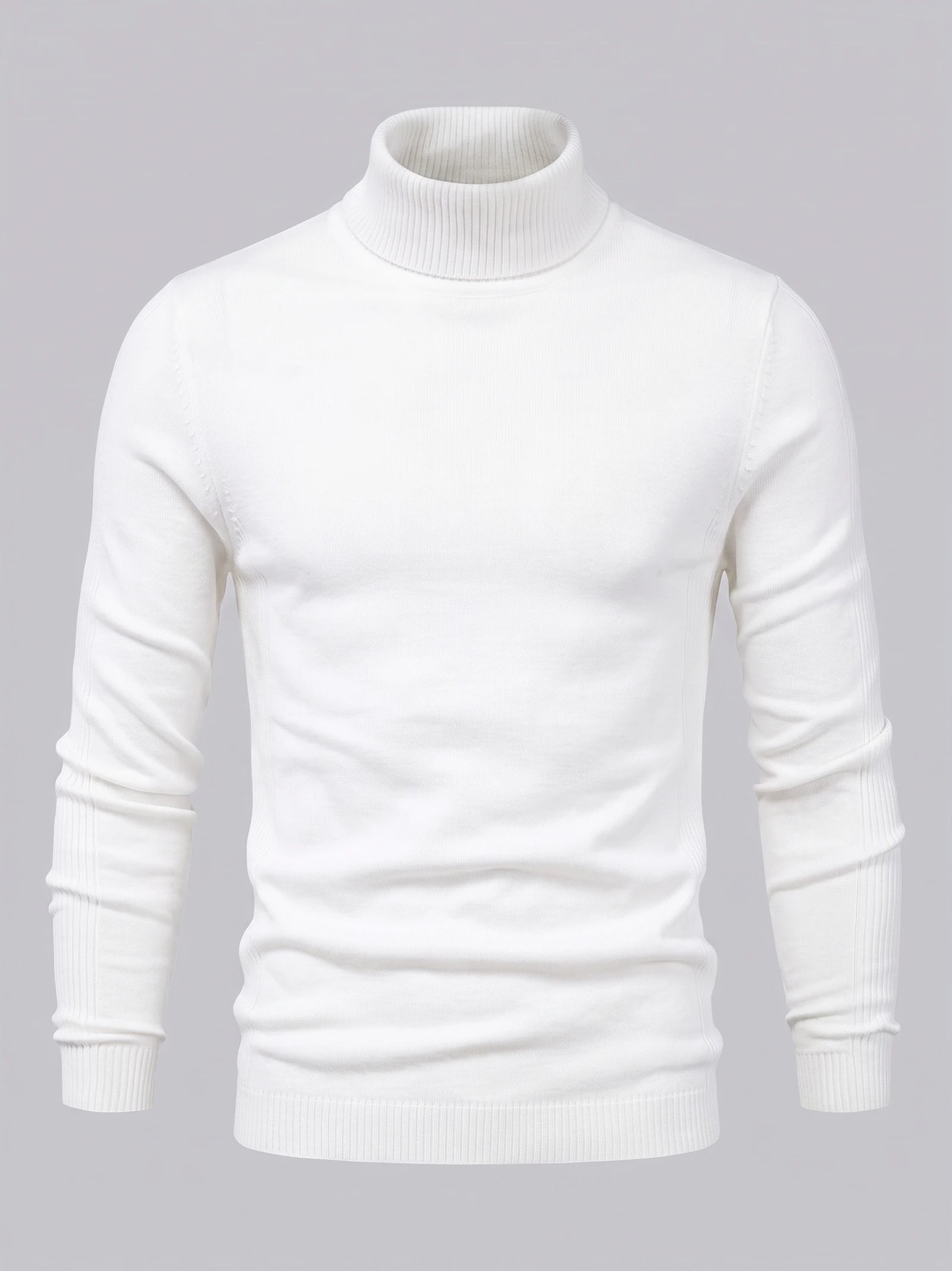 White men's turtleneck sweater laid flat, featuring a ribbed high neck, cuffs, and hem.
