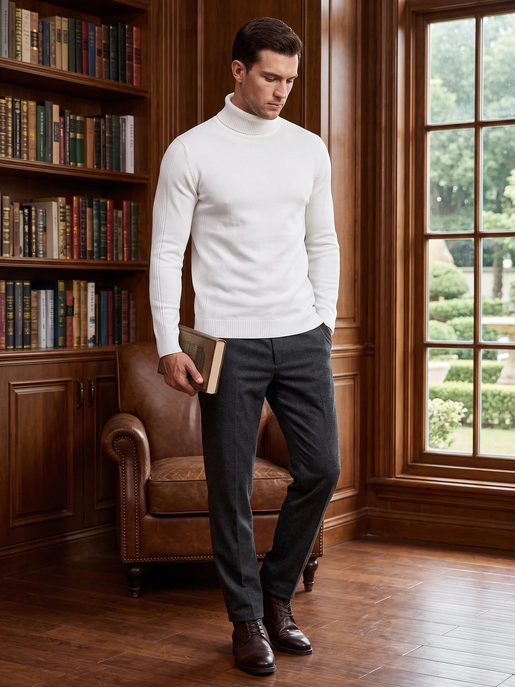 Model wearing a White turtleneck sweater while holding a book in a wood-paneled library.