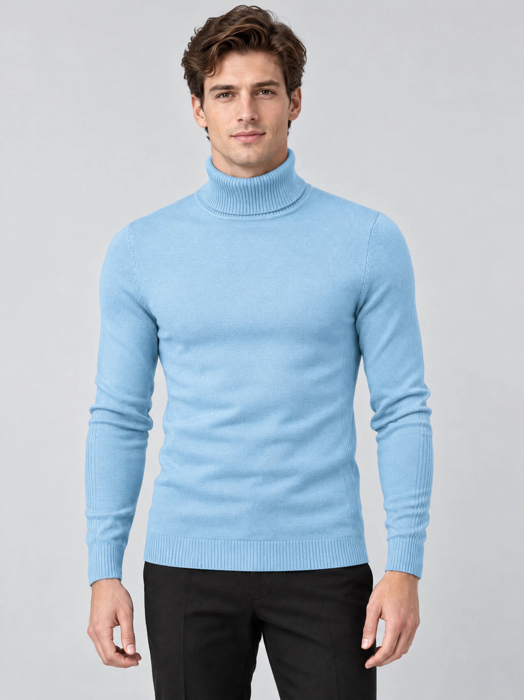 Front studio view of a model wearing a Light Blue slim-fit turtleneck sweater with ribbed collar, cuffs, and hem.