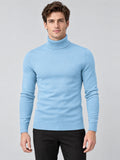 Front studio view of a model wearing a Light Blue slim-fit turtleneck sweater with ribbed collar, cuffs, and hem.