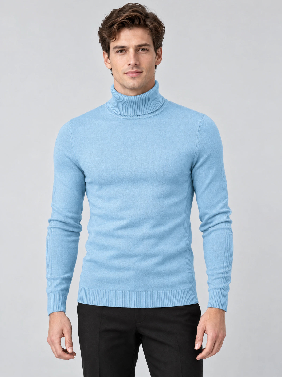 Front studio view of a model wearing a Light Blue slim-fit turtleneck sweater with ribbed collar, cuffs, and hem.