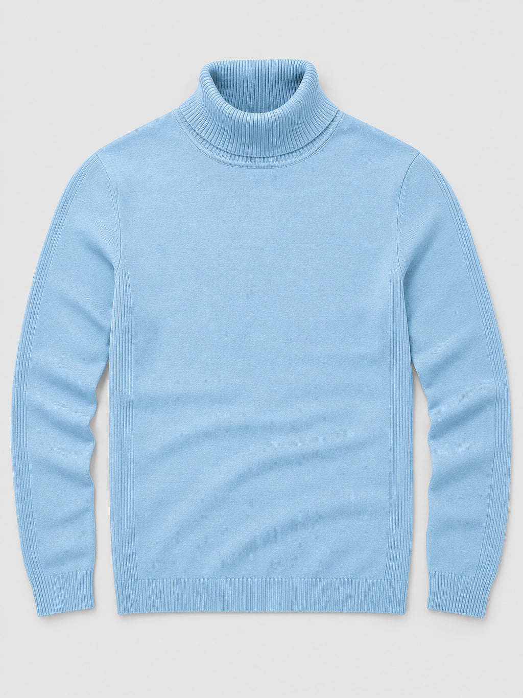 Light Blue men's turtleneck sweater laid flat, featuring a ribbed high collar, cuffs, hem, and sleeve panels.