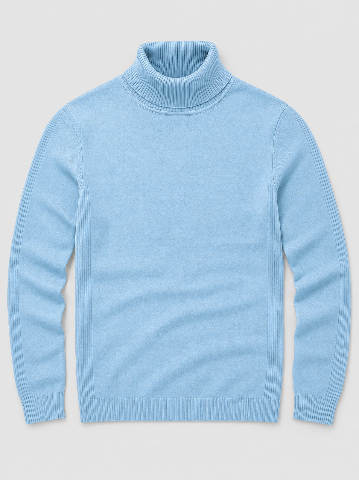 Light Blue men's turtleneck sweater laid flat, featuring a ribbed high collar, cuffs, hem, and sleeve panels.