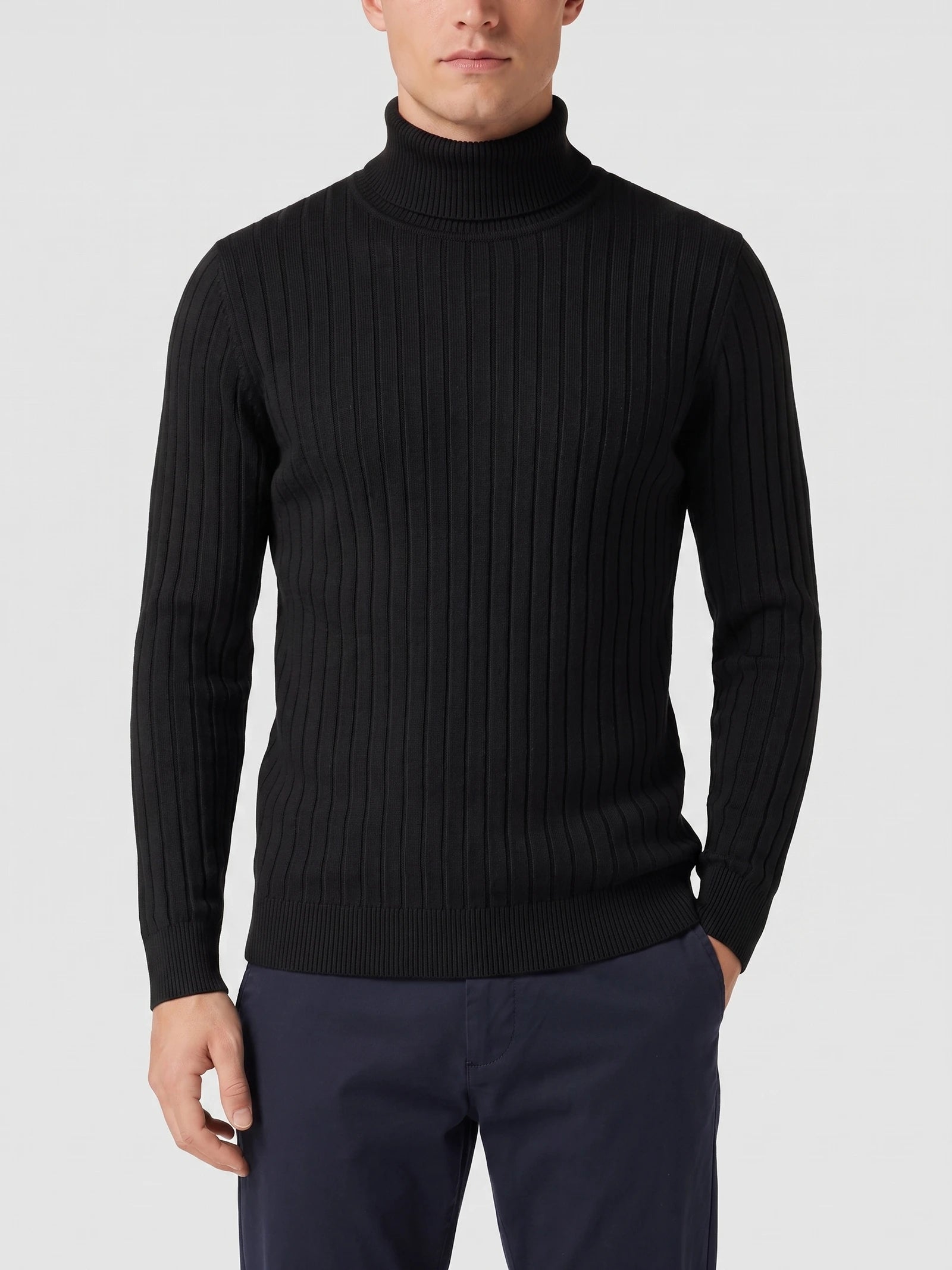 Front studio view of a model wearing a Black Turtleneck Sweater with vertical ribbed knit texture.