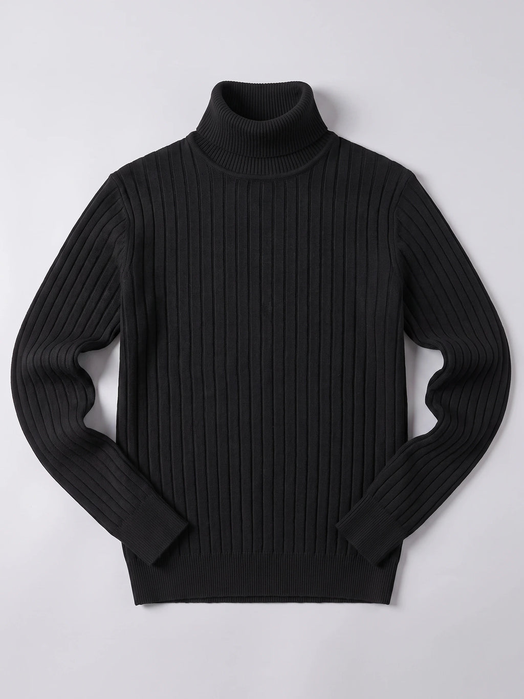 Black men's Turtleneck Sweater laid flat, featuring vertical ribbed knit panels, long sleeves, and a folded ribbed collar.