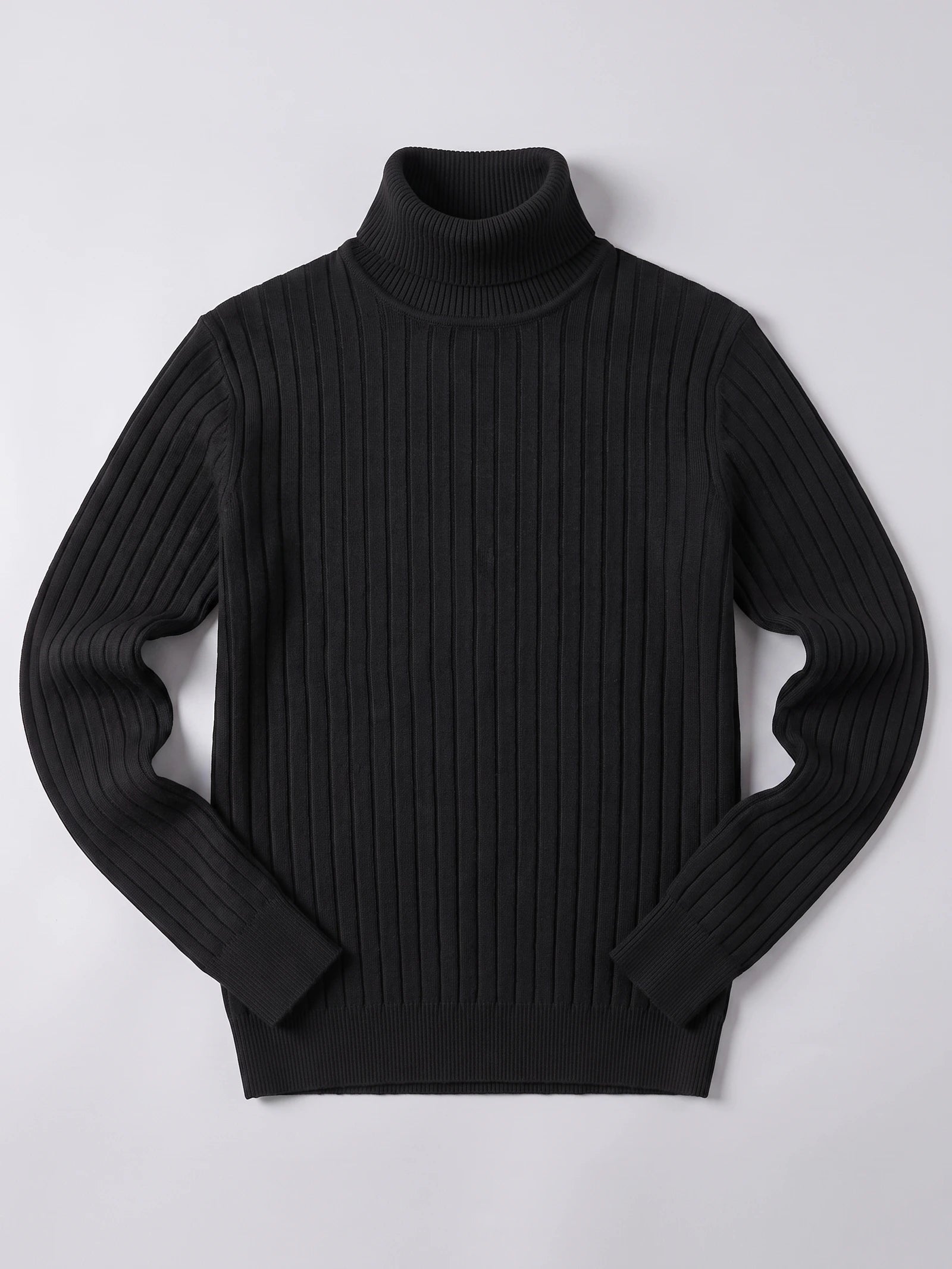 Black men's Turtleneck Sweater laid flat, featuring vertical ribbed knit panels, long sleeves, and a folded ribbed collar.