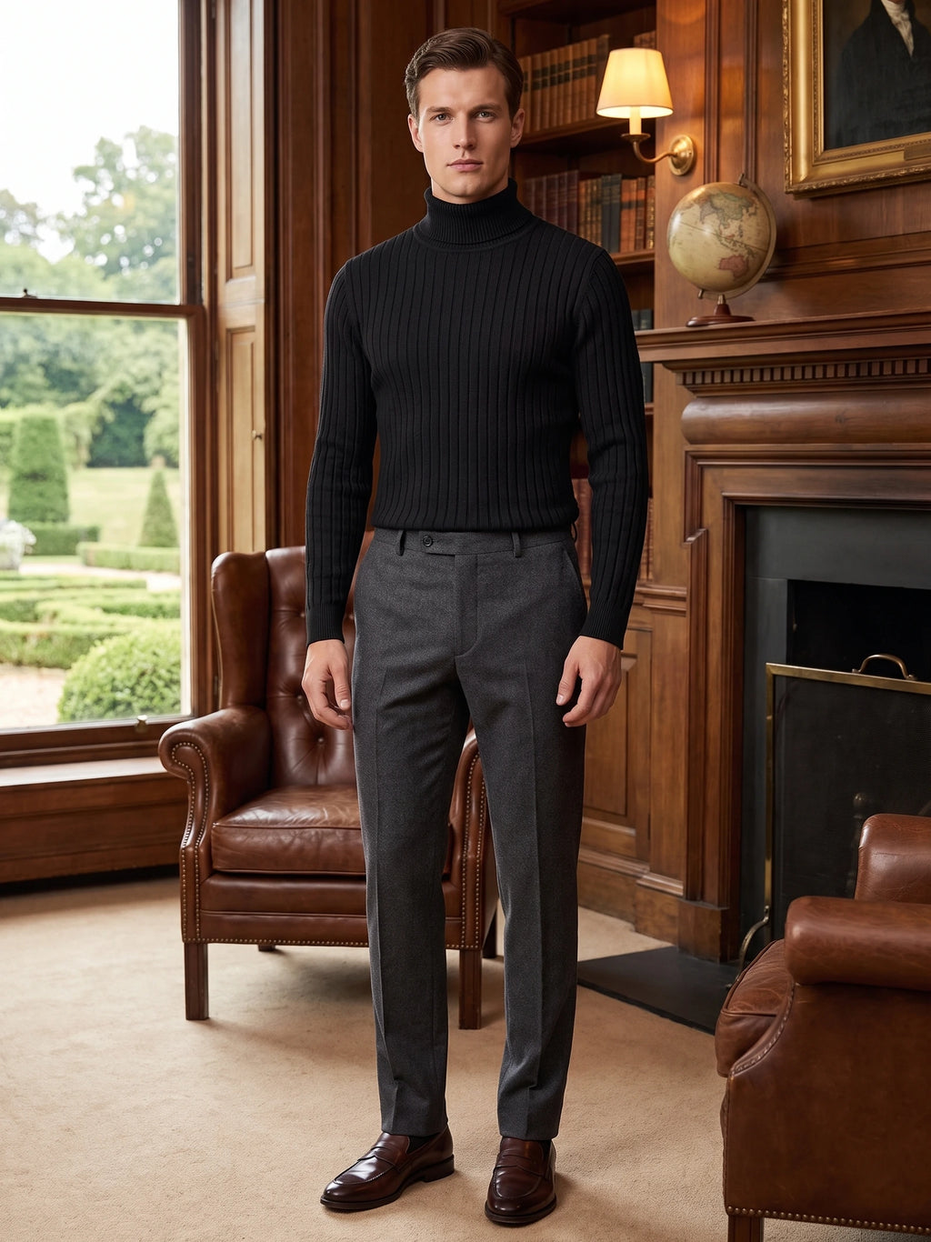 Model wearing a Black ribbed Turtleneck Sweater in a wood-paneled study with bookshelves and leather seating.
