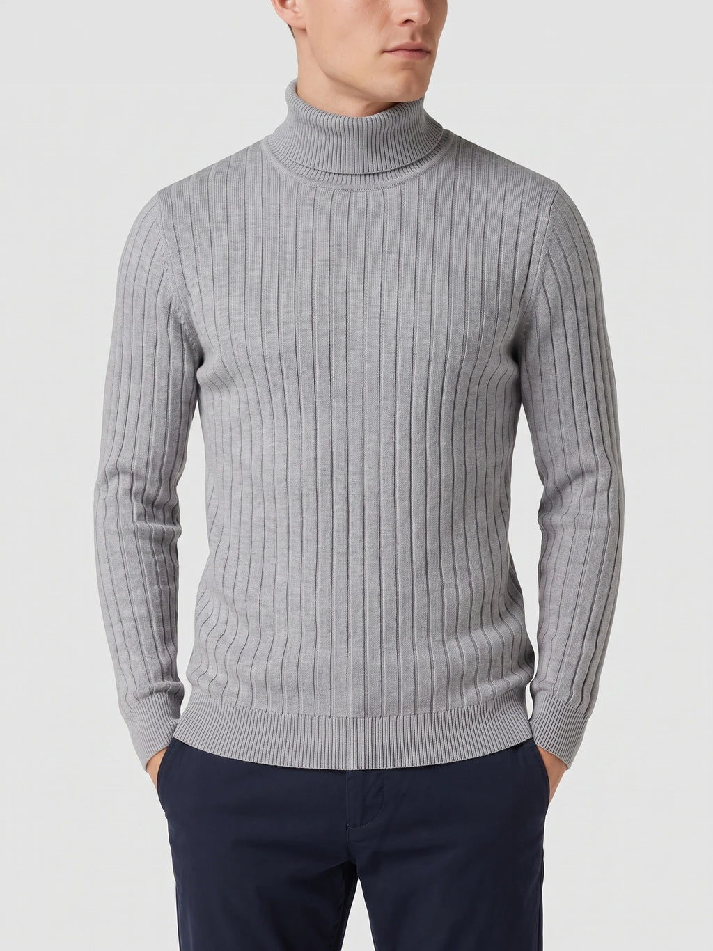 Front studio view of a model wearing a Gray men's Turtleneck Sweater with vertical ribbed knit texture.