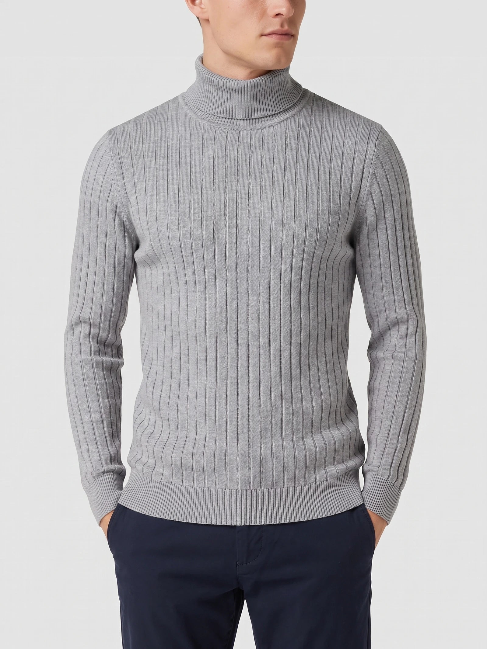 Front studio view of a model wearing a Gray men's Turtleneck Sweater with vertical ribbed knit texture.