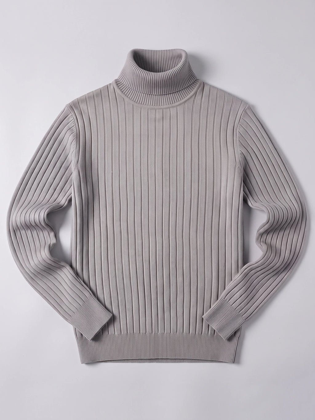 Gray men’s Turtleneck Sweater laid flat, featuring a ribbed high collar, vertical knit texture, and long sleeves.