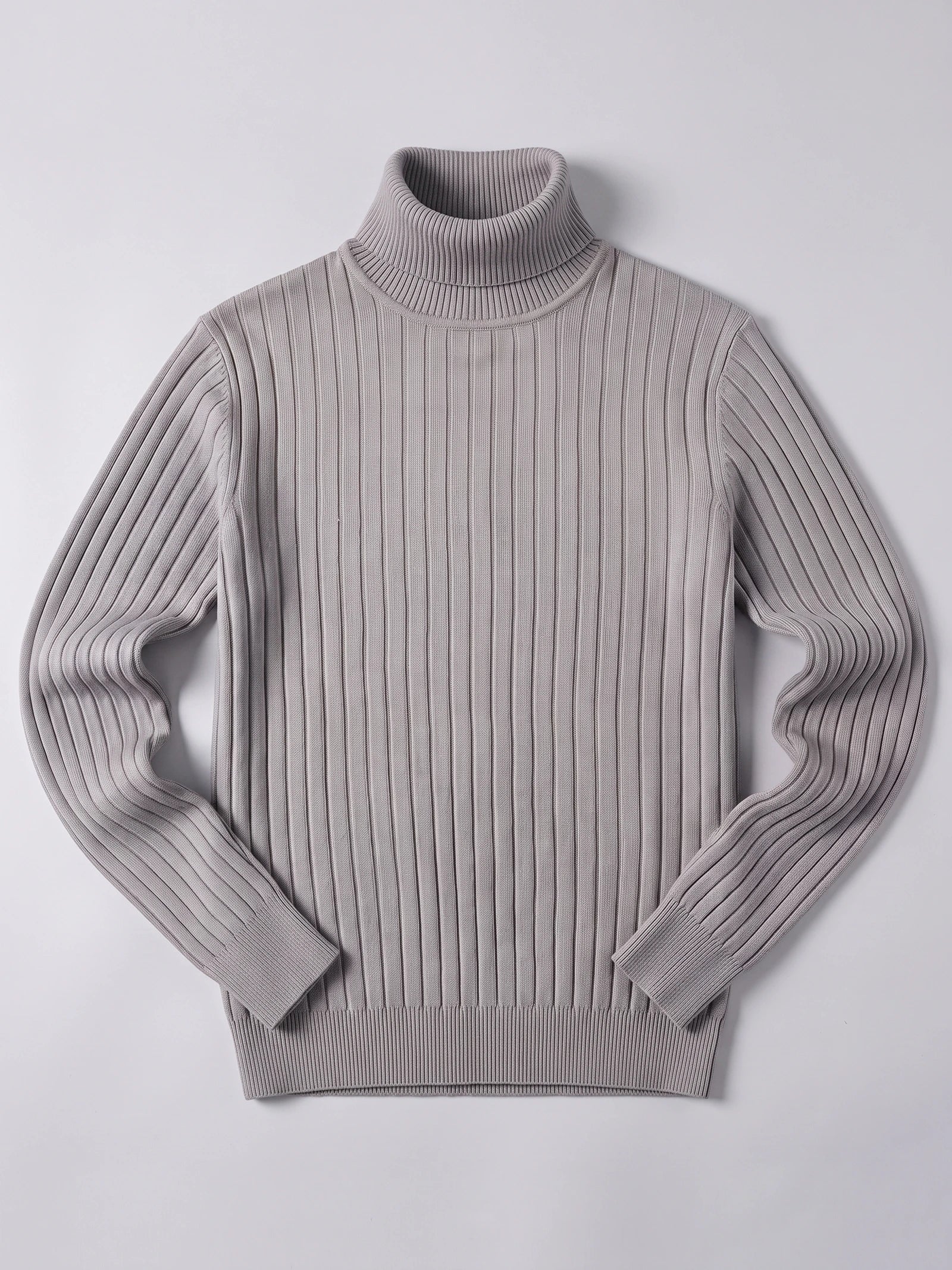 Gray men’s Turtleneck Sweater laid flat, featuring a ribbed high collar, vertical knit texture, and long sleeves.