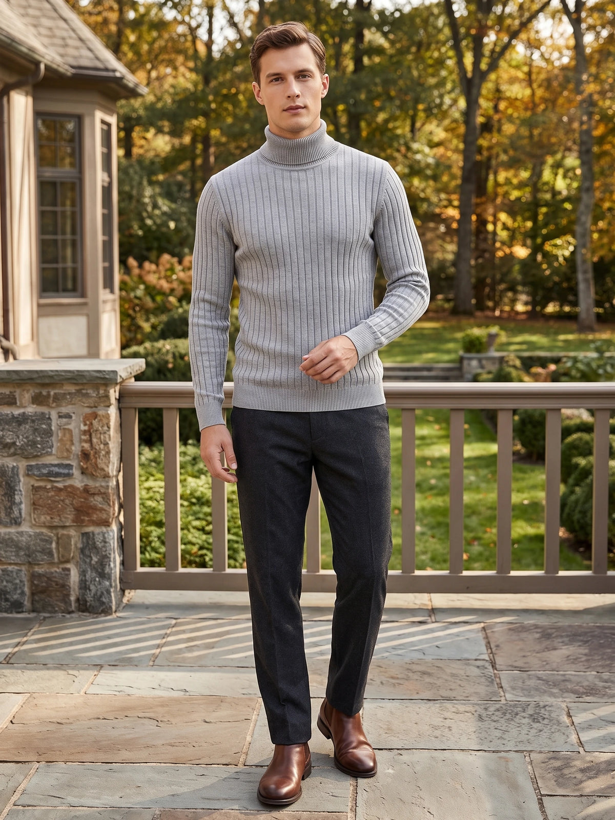 Model wearing a Gray ribbed Turtleneck Sweater while walking on a stone patio beside a garden.