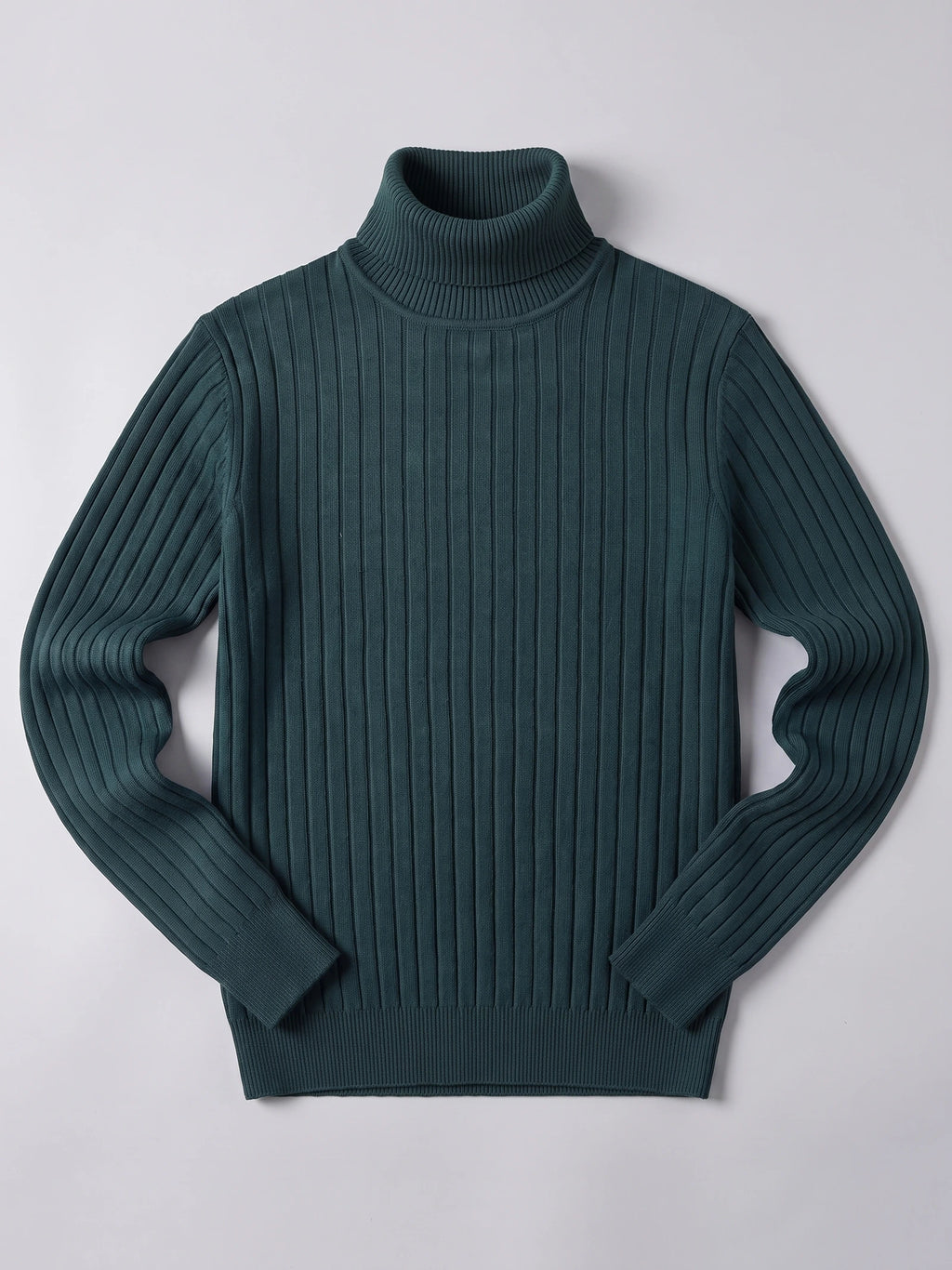 Green men’s turtleneck sweater laid flat, featuring vertical ribbed knit and long sleeves.
