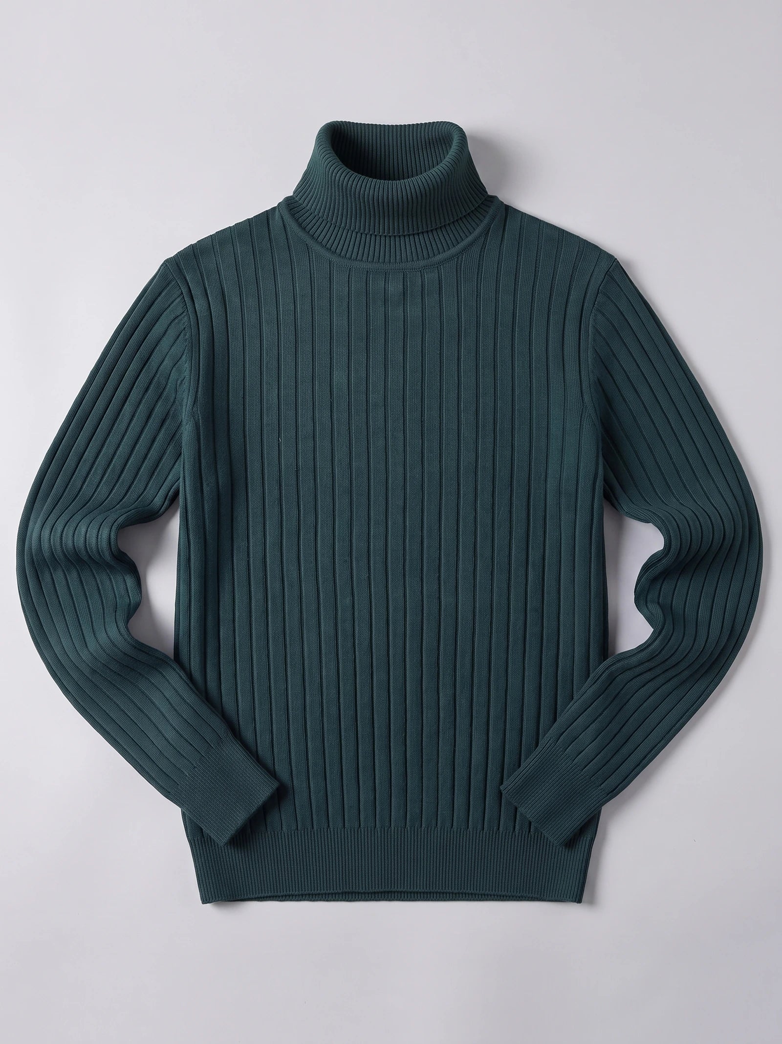Green men’s turtleneck sweater laid flat, featuring vertical ribbed knit and long sleeves.