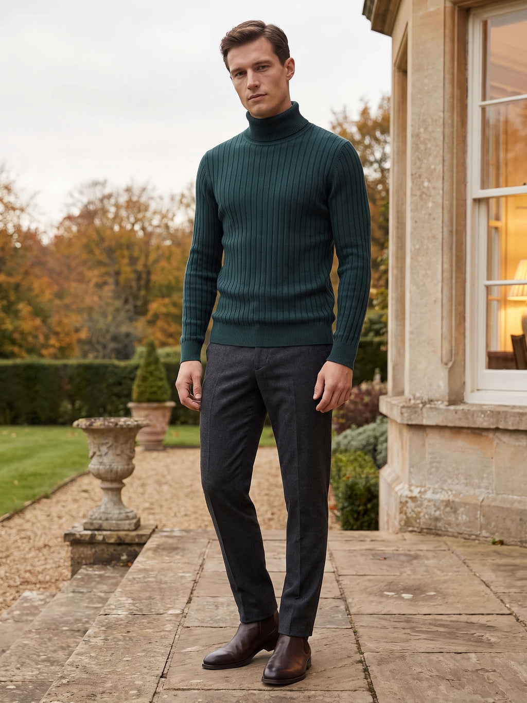 Model wearing a Green ribbed Turtleneck Sweater on a stone terrace beside a garden.