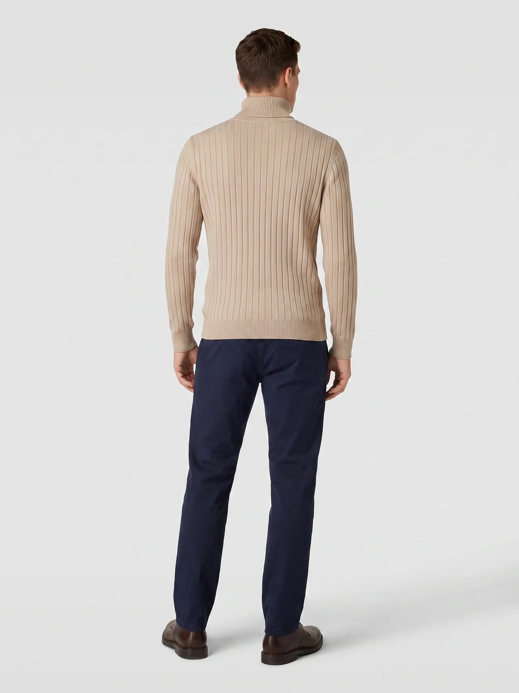 Rear studio view of a model wearing a Khaki men's Turtleneck Sweater with vertical rib-knit texture.