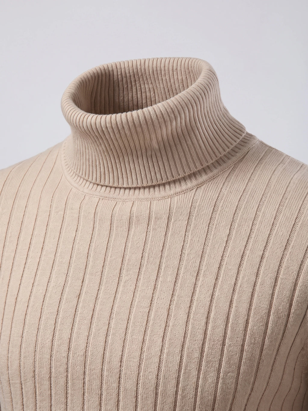 Close-up of the Khaki men's Turtleneck Sweater showing its ribbed fold-over collar and vertical knit texture.