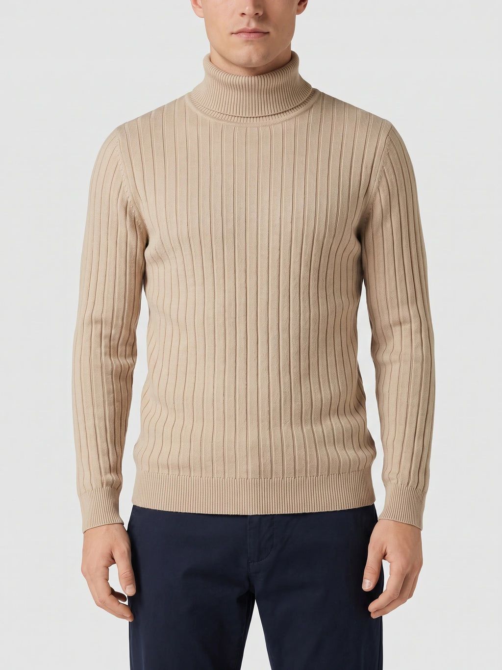 Front studio view of a model wearing a Khaki men's Turtleneck Sweater with vertical ribbed knit detailing.