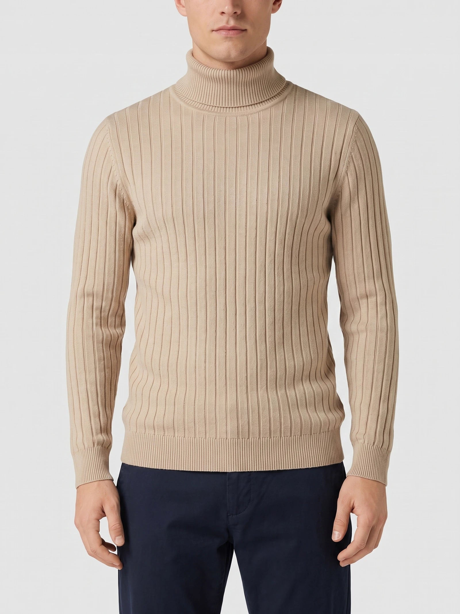 Front studio view of a model wearing a Khaki men's Turtleneck Sweater with vertical ribbed knit detailing.