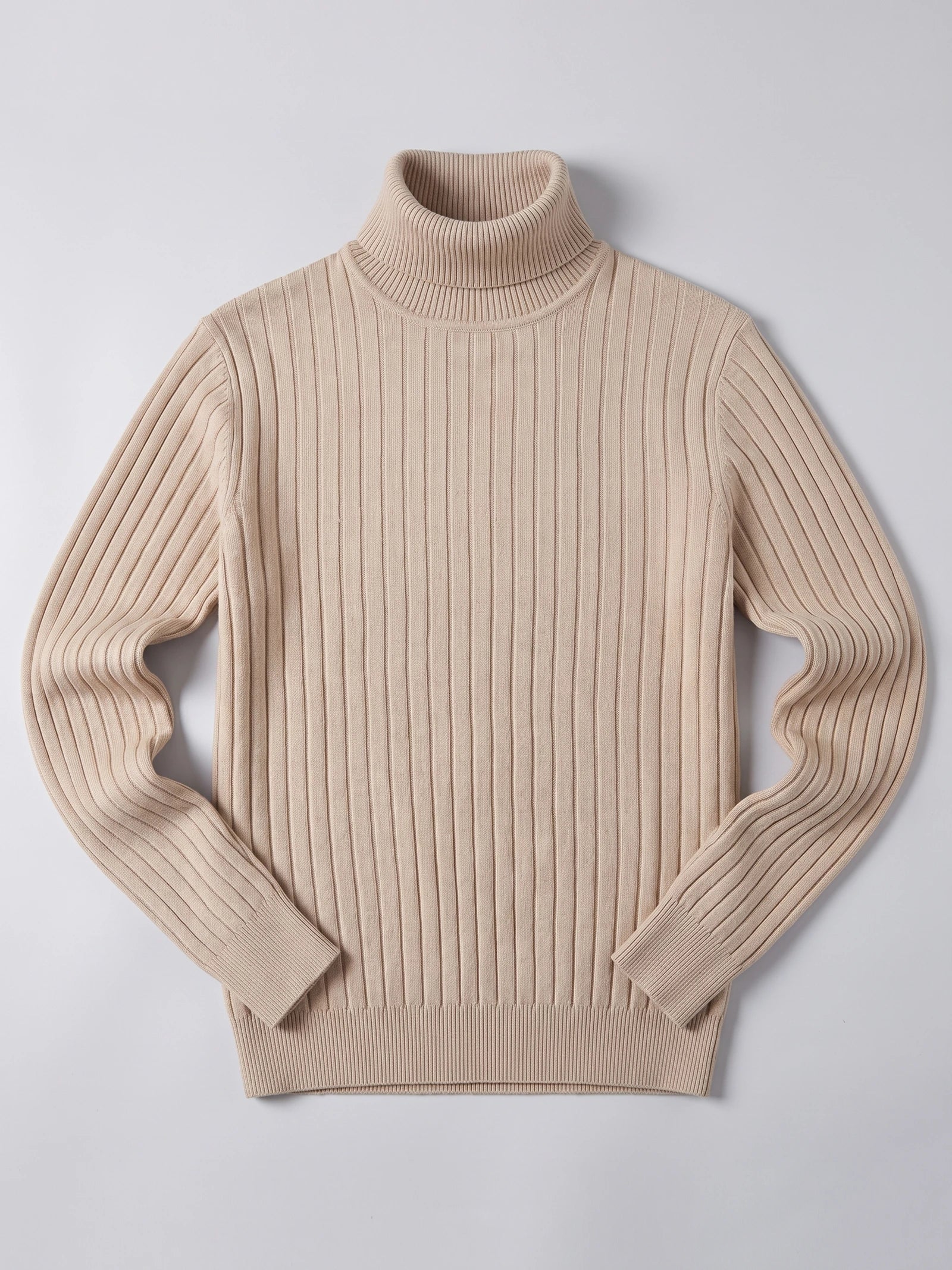 Khaki men's turtleneck sweater laid flat, featuring a ribbed high collar, vertical knit texture, and long sleeves.
