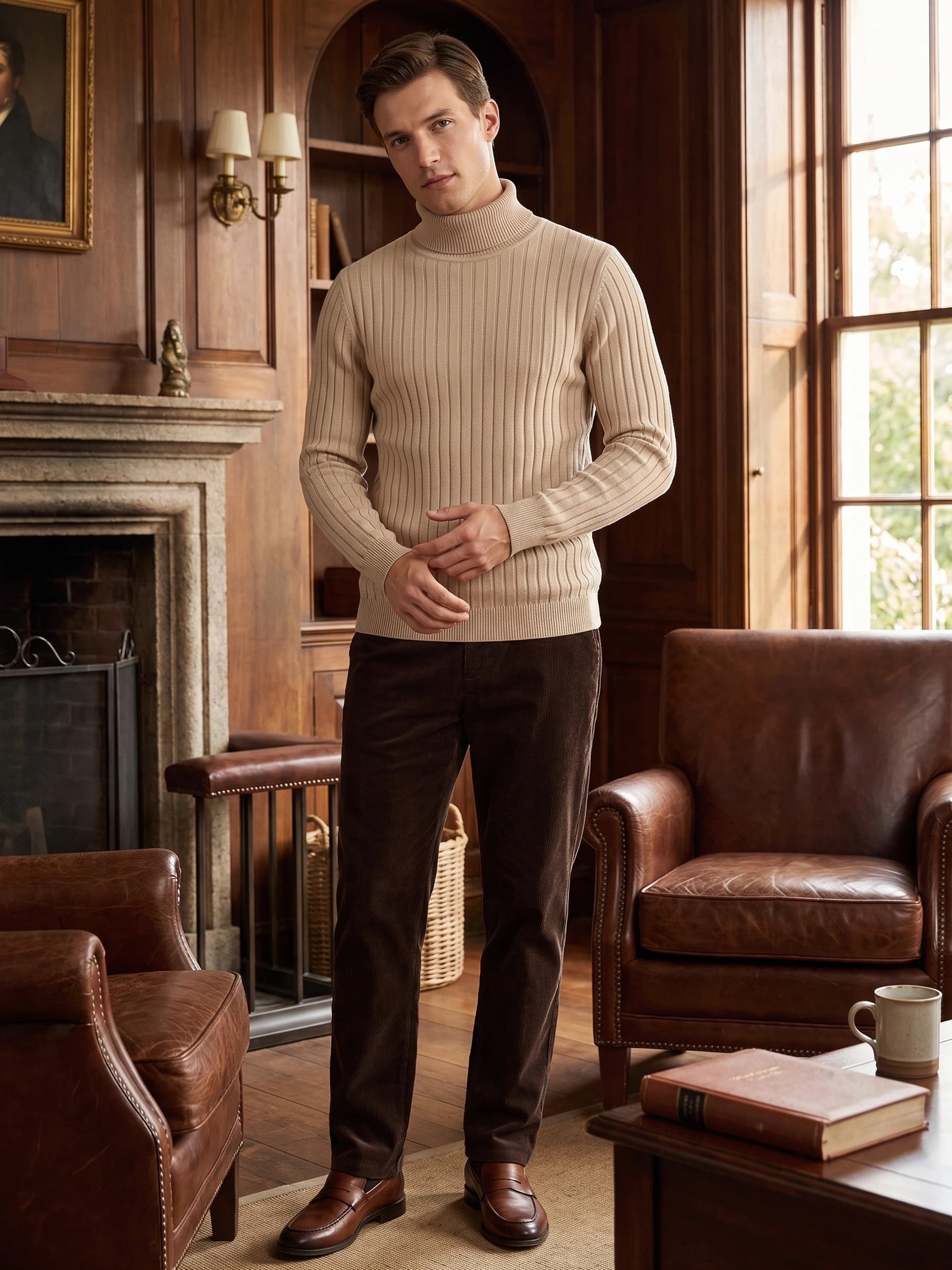 Model wearing a Khaki ribbed Turtleneck Sweater in a wood-paneled living room with a fireplace and armchairs.