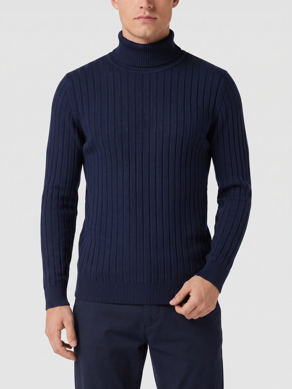 Front studio view of a model wearing a Navy ribbed knit Turtleneck Sweater.
